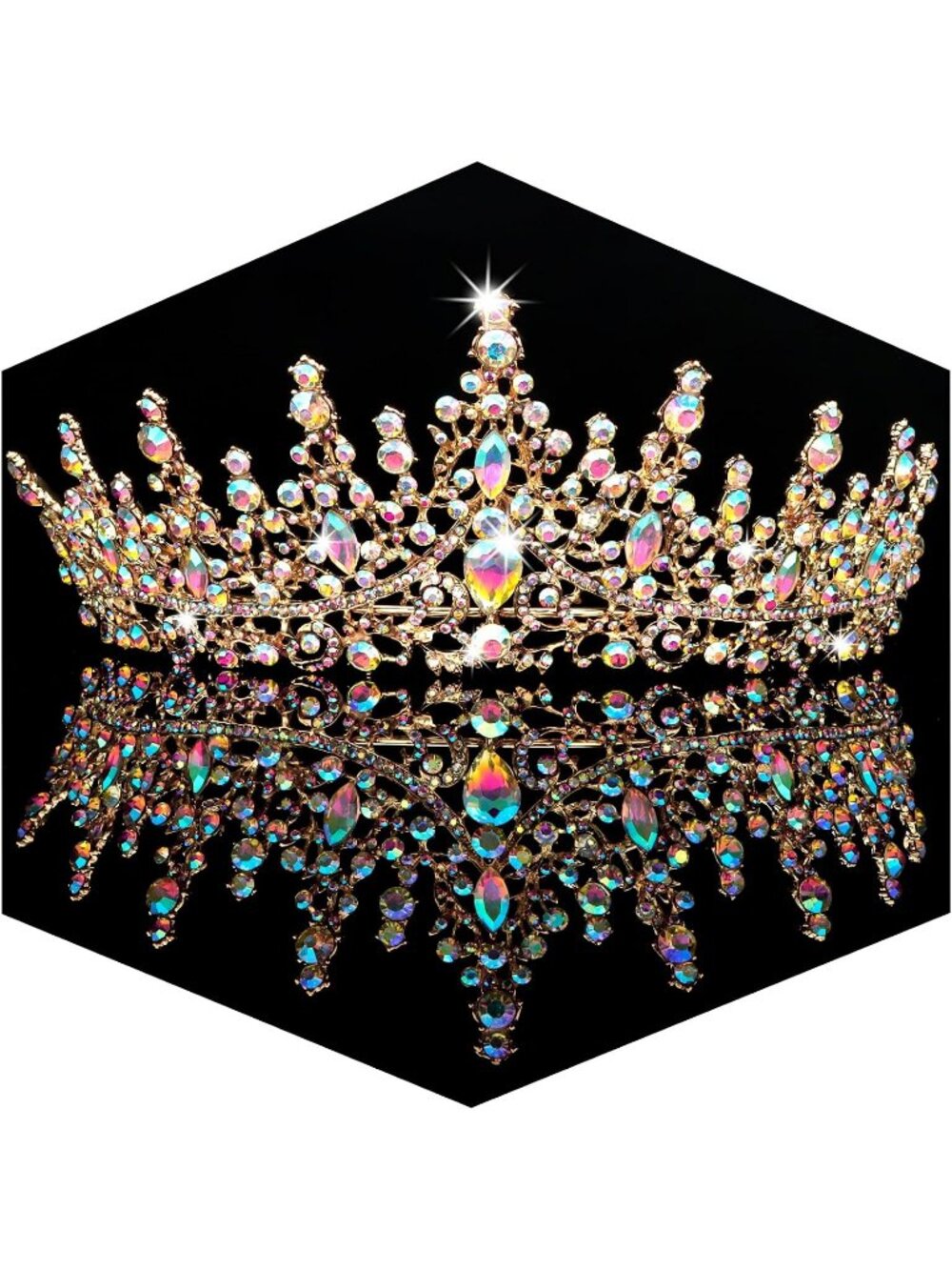 Women's AB Gold Crystal Queen Crown Tiara Wedding Prom Princess Headpiece